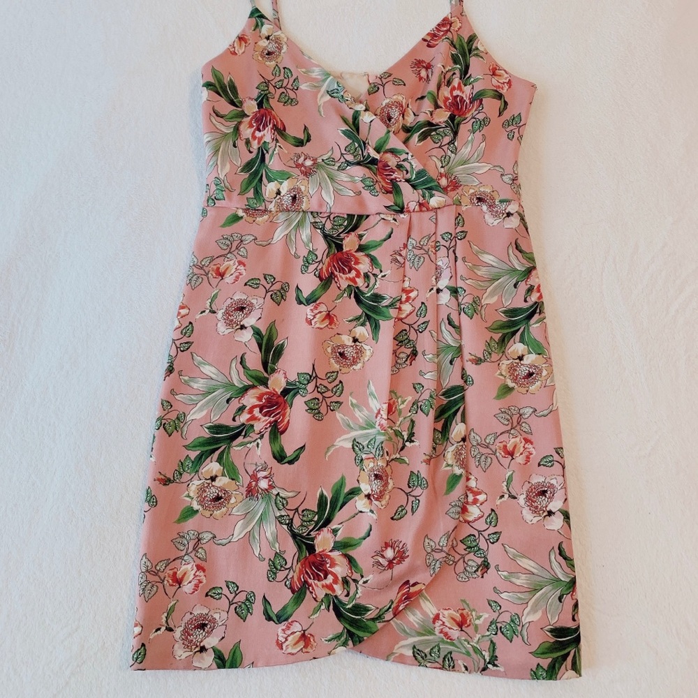 Pink Floral Wrap mini Dress - Pink Rose